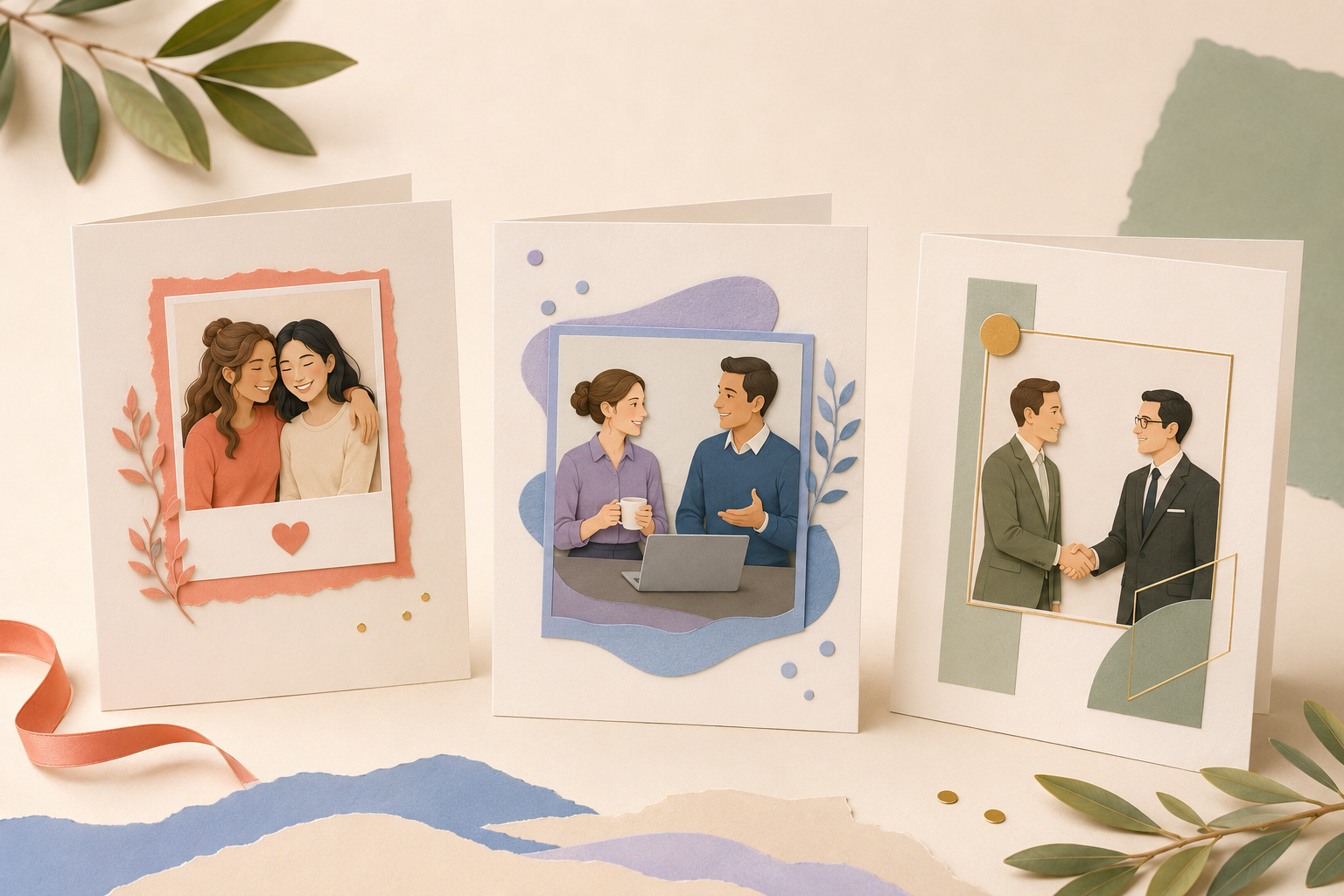 Greeting cards for a loved one, a colleague, and a business partner