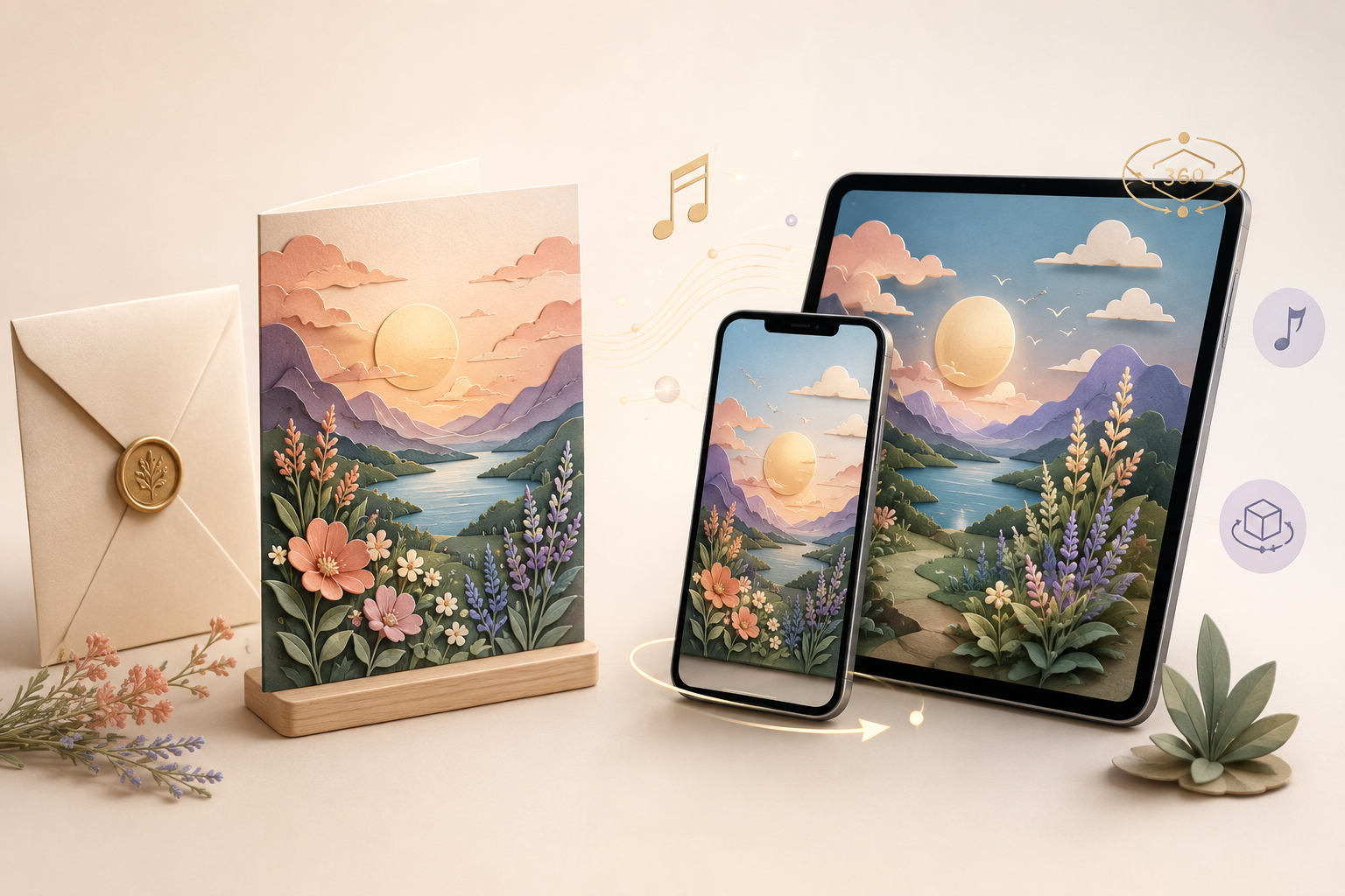 Printed and electronic versions of the same greeting card